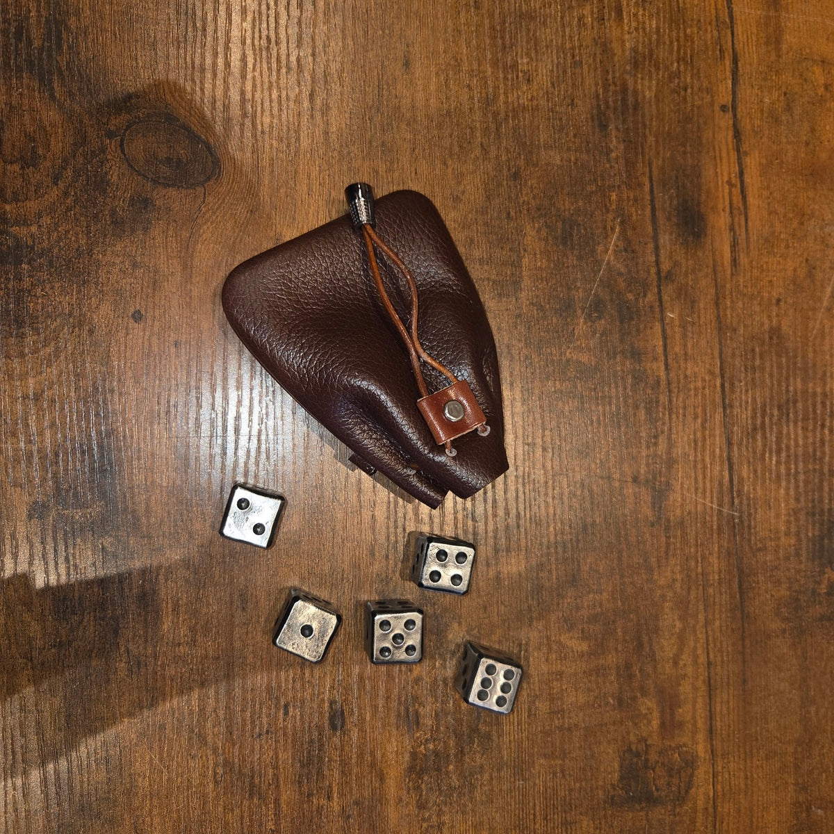 Iron Dice Gift Set — Metal Dice with Large Genuine Leather Pouch | Groomsmen & Men's Gift, Made in USA