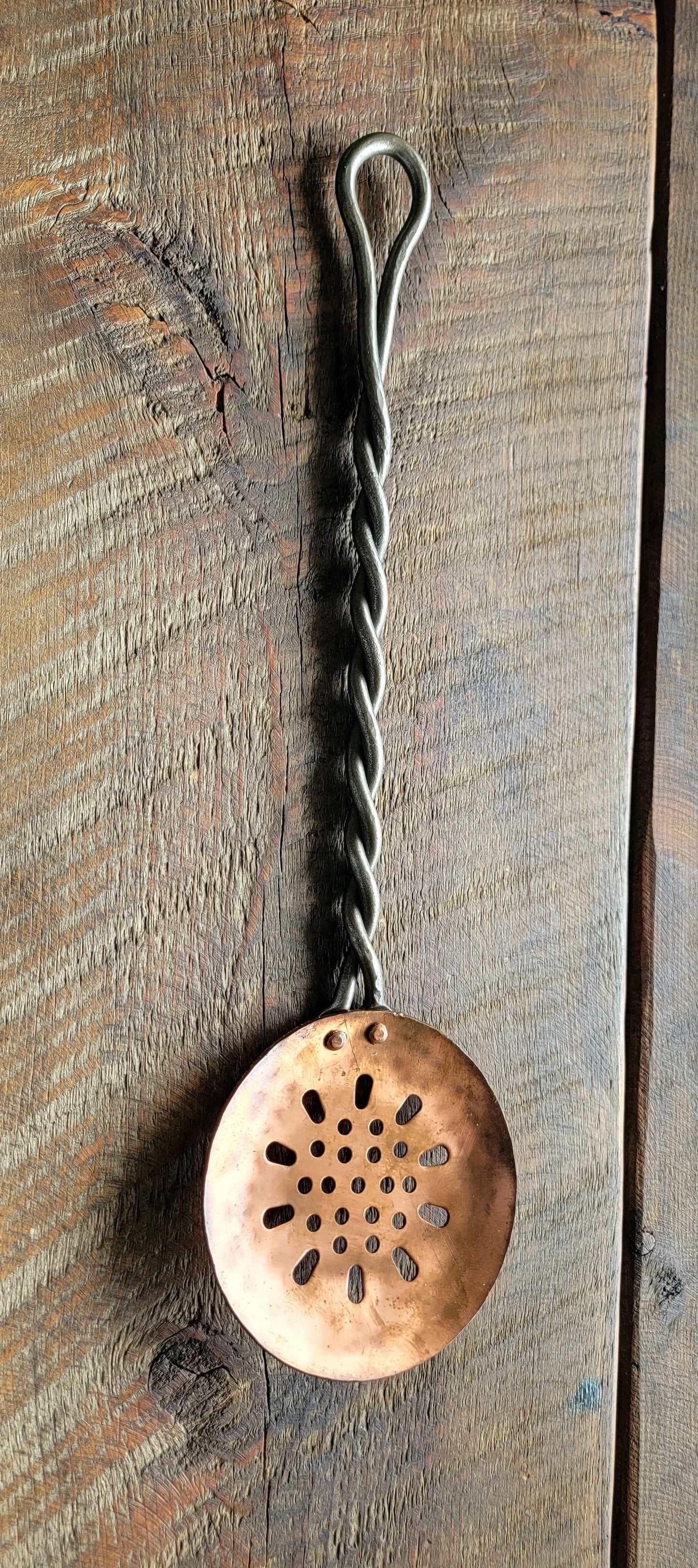 Hand Forged Twisted Iron and Copper Slotted Spoon Slotted Spoons Kitchen Accessories