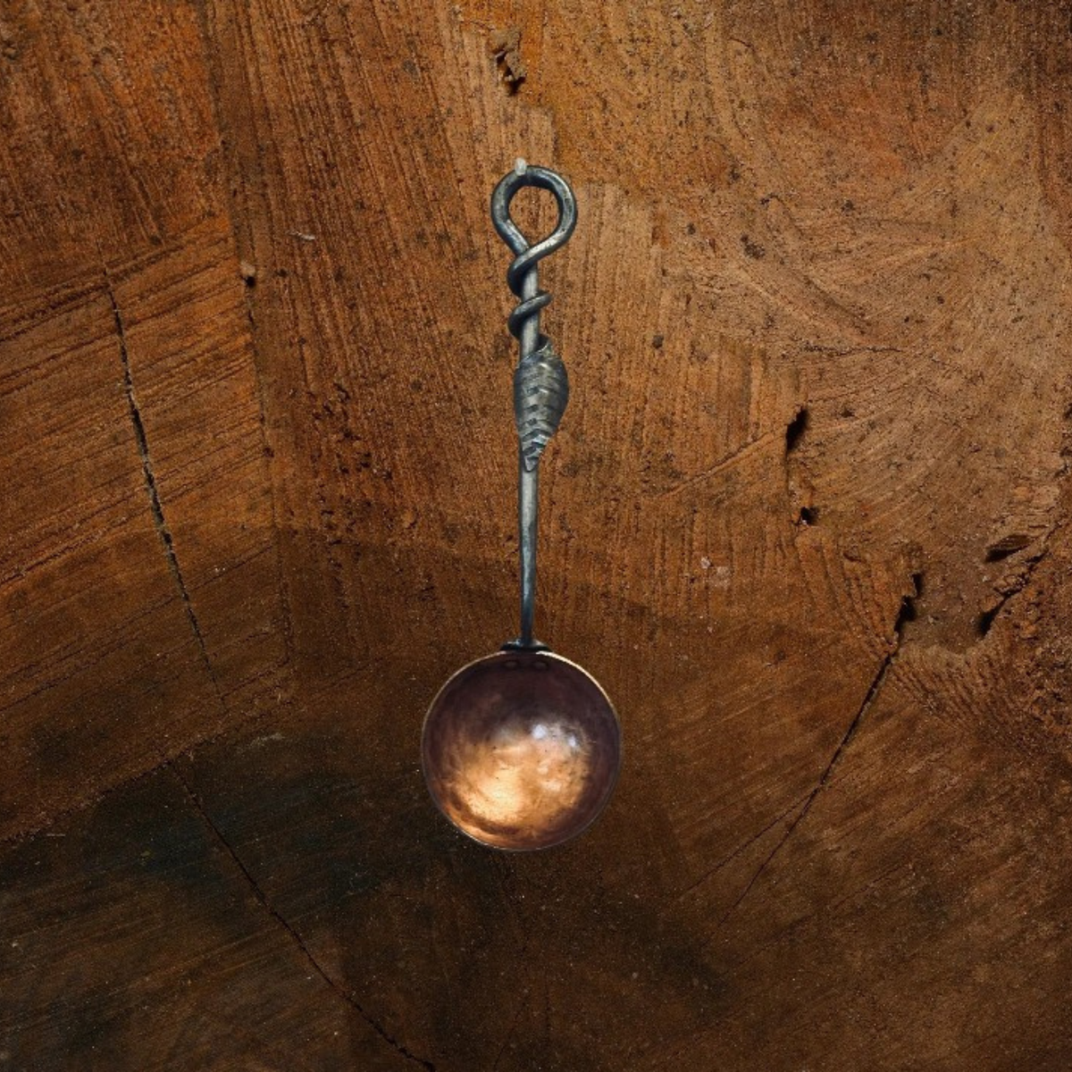 Hand Forged Solid Copper Egg Spoon With Steel Leaf Handle - Small
