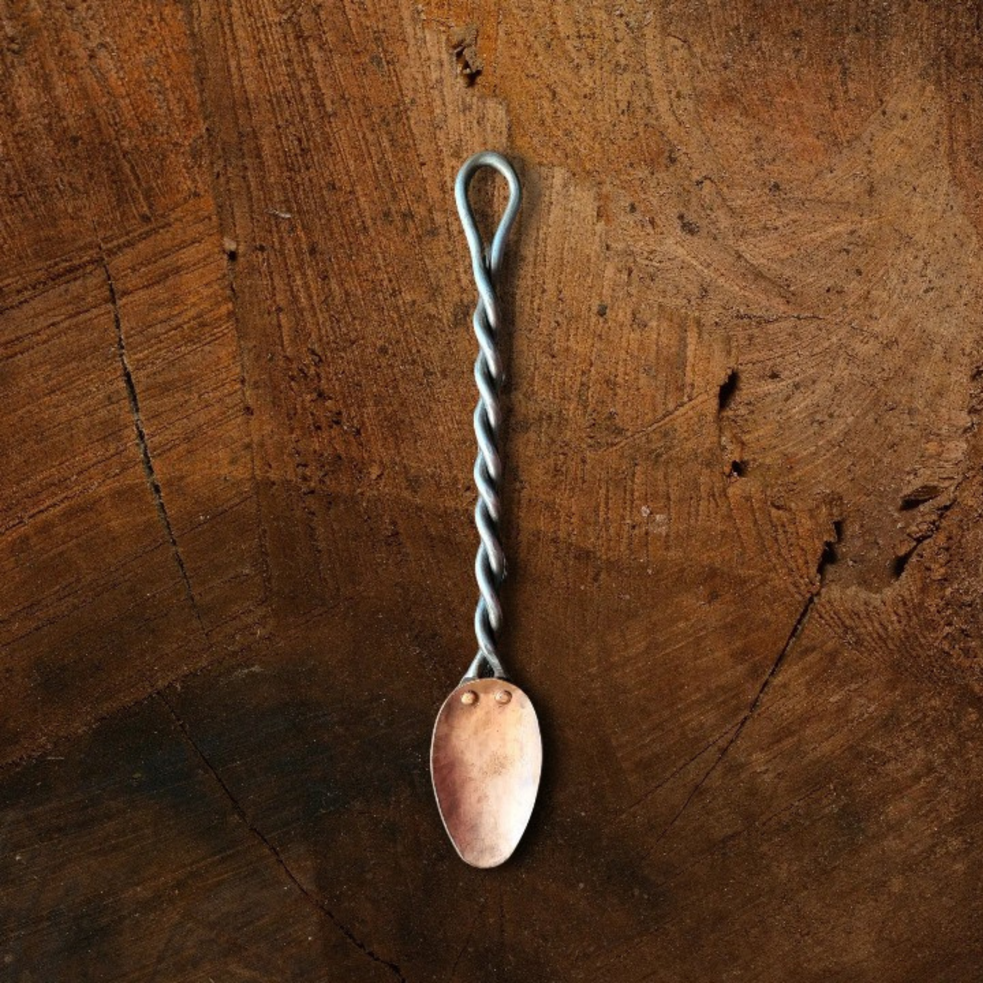 Hand Forged Twisted Steel and Solid Copper Serving Spoon