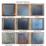 Collection of metal finishes with 'Raw / Unfinished' at the top left corner on a wooden background.