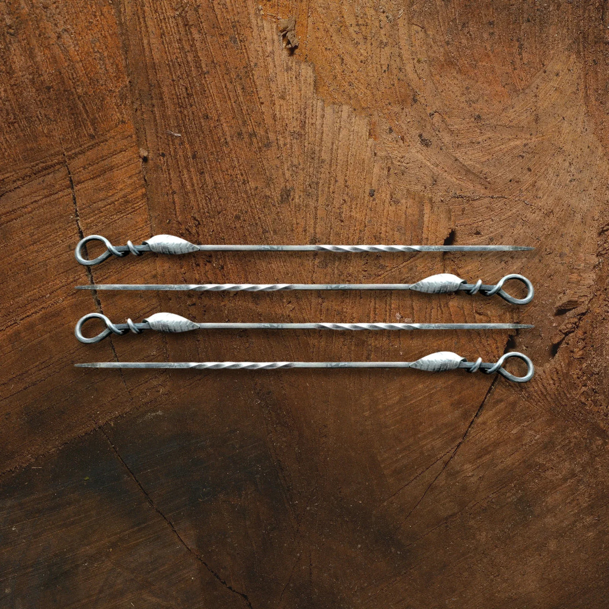 Set of Four Hand Forged Steel Kabob Skewers With Leaf Handles - Old West Iron