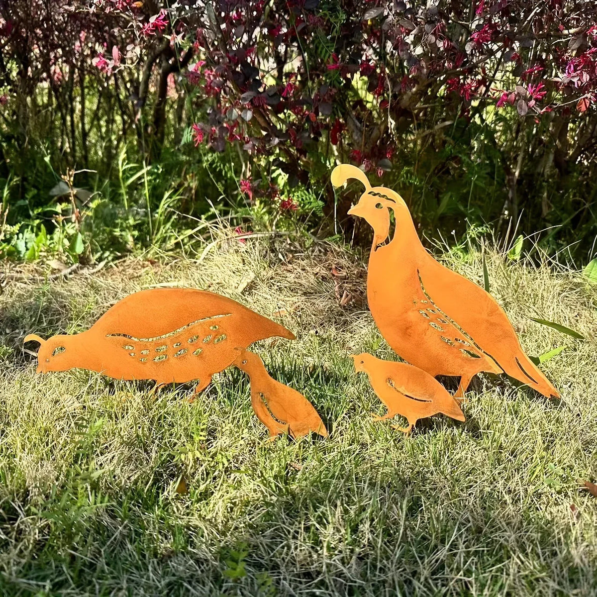 Rustic Quail Family Yard Stakes - Old West Iron