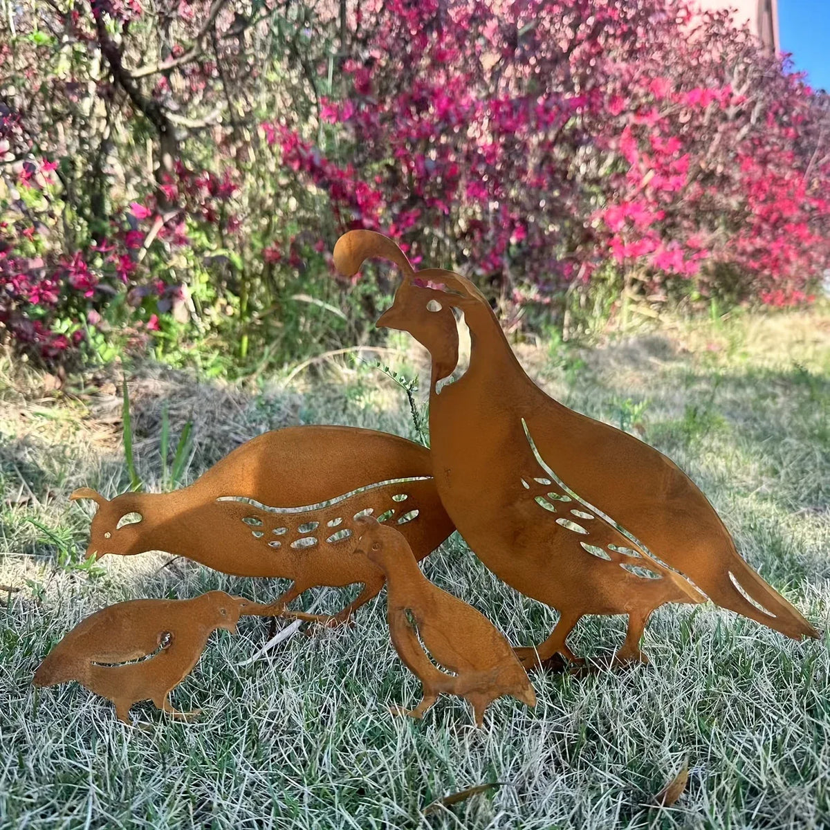 Rustic Quail Family Yard Stakes - Old West Iron