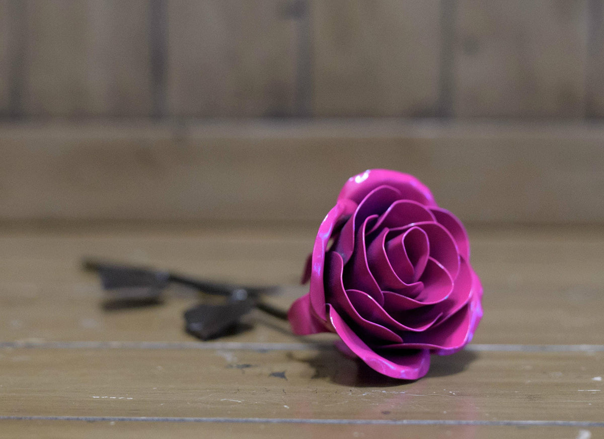 Hand-Forged Wrought Iron Pink Metal Rose - Old West Iron