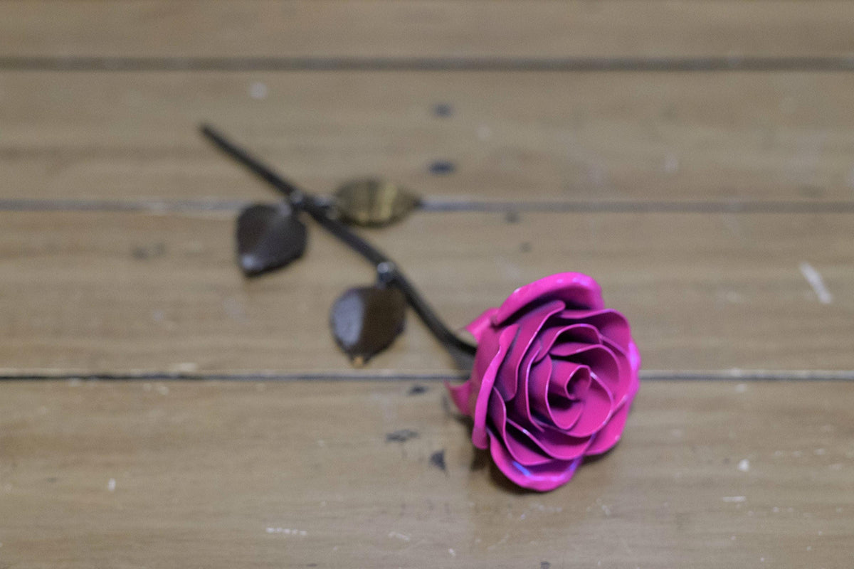 Hand-Forged Wrought Iron Pink Metal Rose - Old West Iron