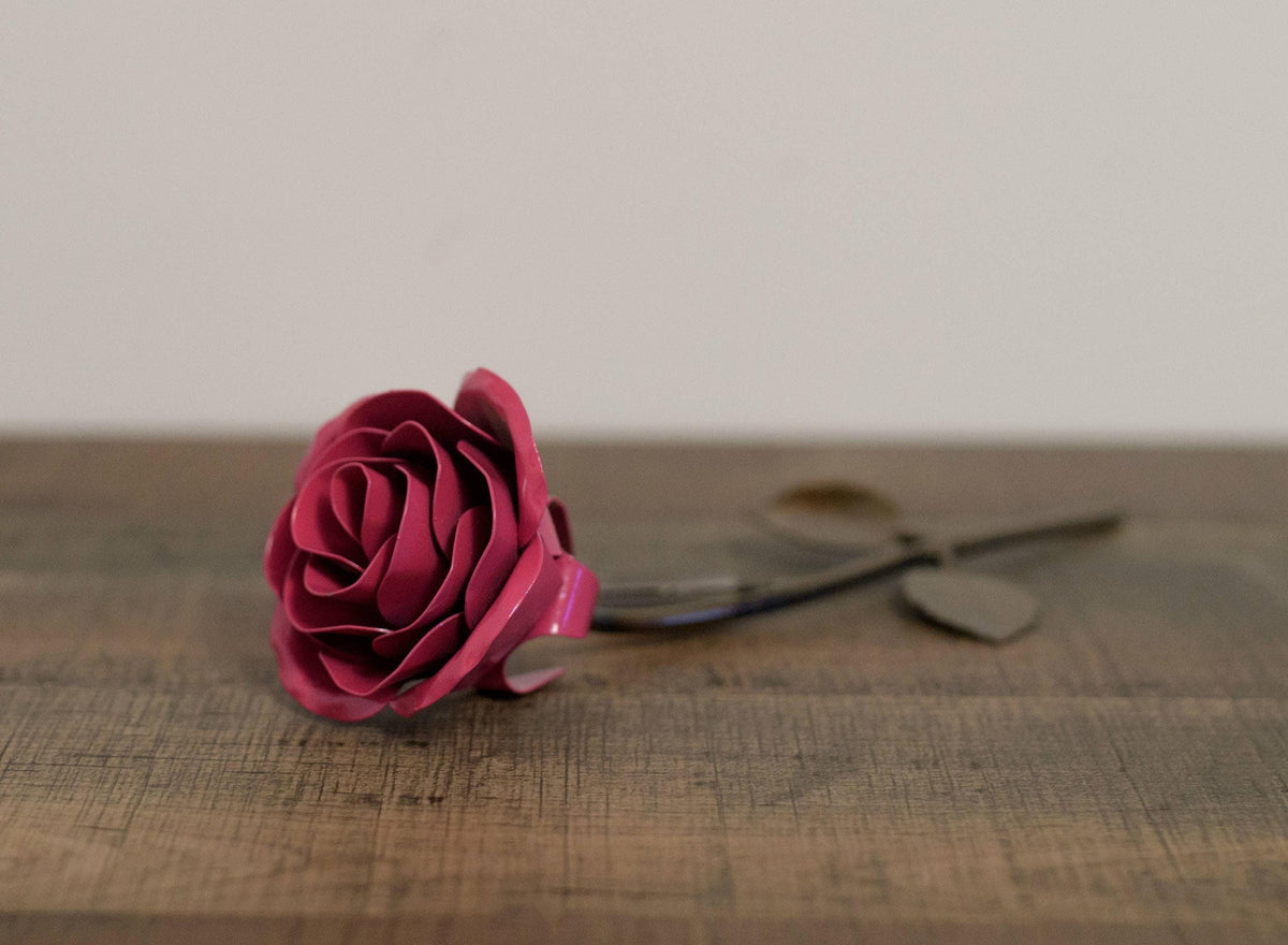 Hand-Forged Wrought Iron Pink Metal Rose - Old West Iron
