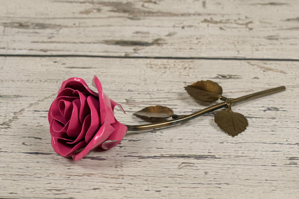 Hand-Forged Wrought Iron Pink Metal Rose - Old West Iron