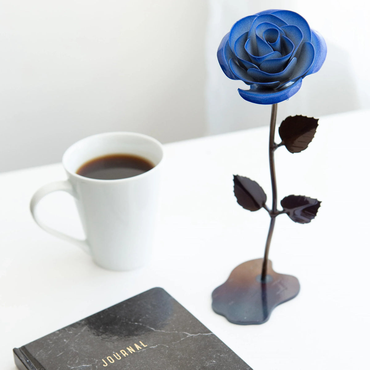 Hand-Forged Wrought Iron Blue & White Metal Rose - Old West Iron