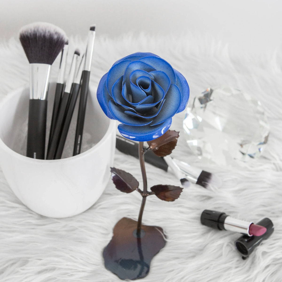Hand-Forged Wrought Iron Blue & White Metal Rose - Old West Iron