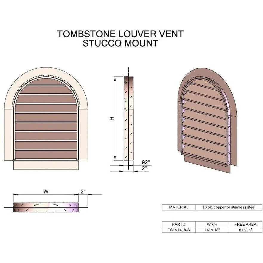 Hammered Copper Tombstone Louvered Gable Wall Vent - Old West Iron