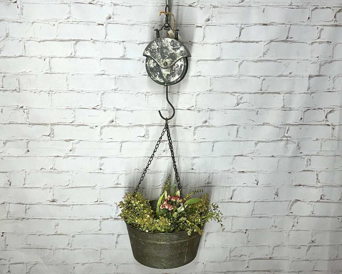 49"t Old Pail Pulley Planter - Outdoor Patio Decor - Metal Flower Bucket or Ivy Basket Container - Rustic Home Farmhouse - Old West Iron