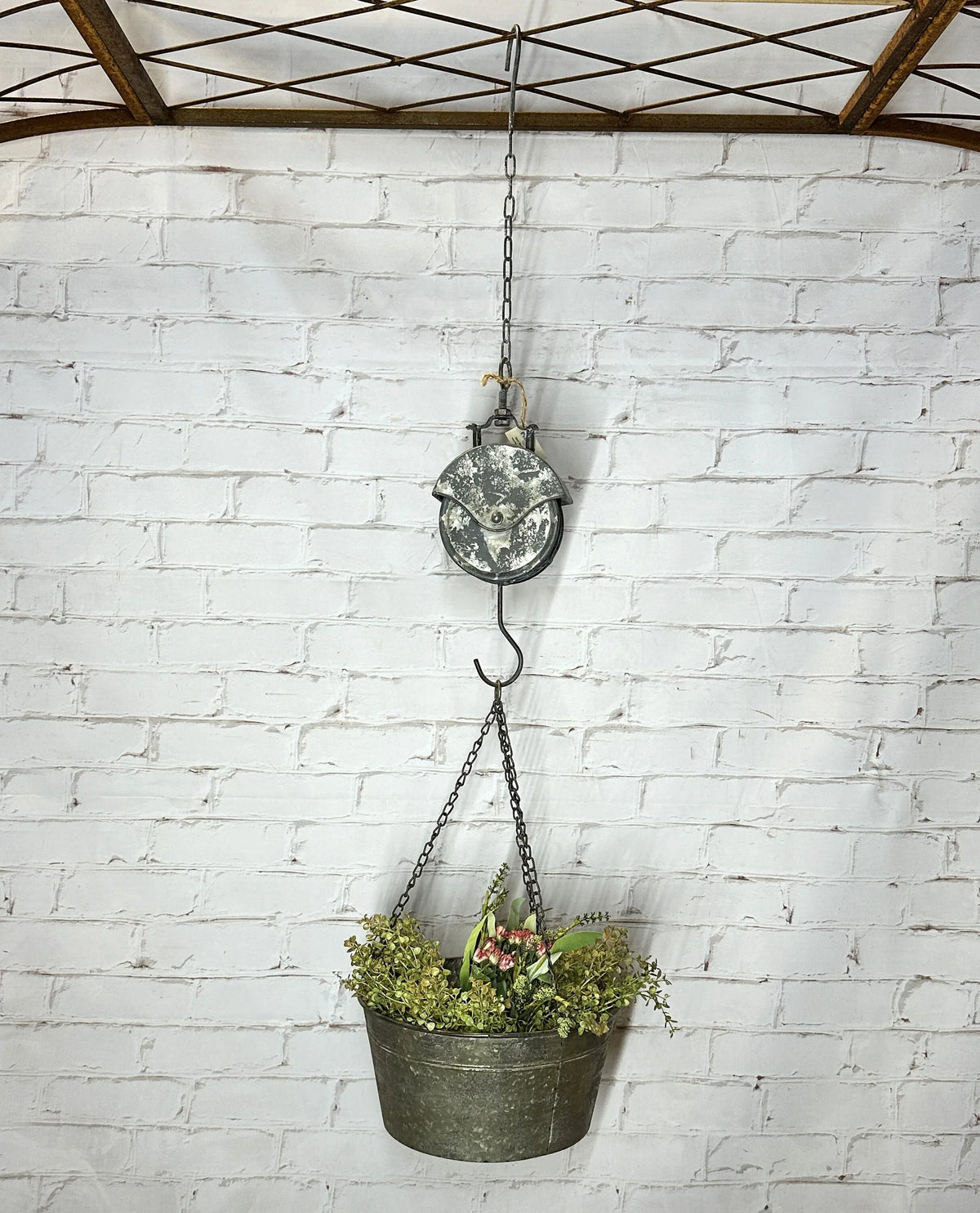 49"t Old Pail Pulley Planter - Outdoor Patio Decor - Metal Flower Bucket or Ivy Basket Container - Rustic Home Farmhouse - Old West Iron