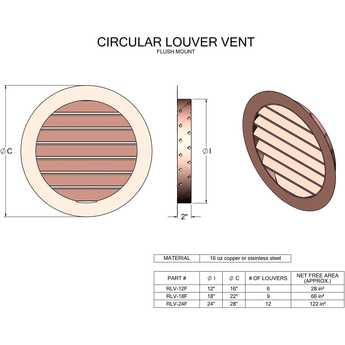 Copper Round Circle Louver Gable Wall Vent - Old West Iron