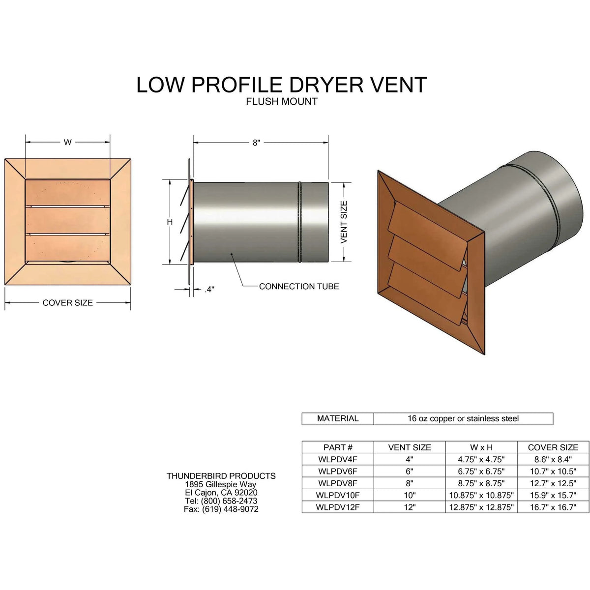Hammered Copper Low Profile Louvered Dryer Vent - Exhaust Vent (4"-12") - Old West Iron
