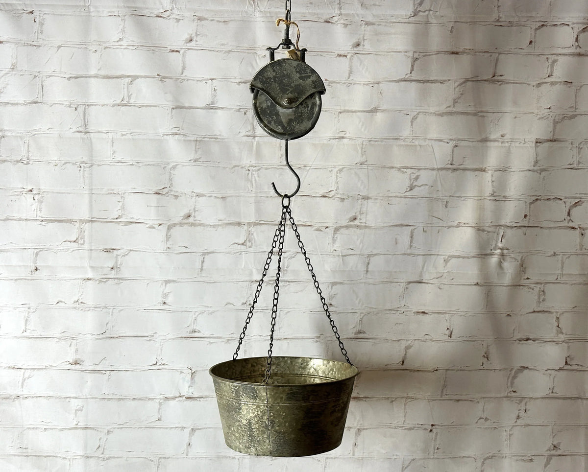49"t Old Pail Pulley Planter - Outdoor Patio Decor - Metal Flower Bucket or Ivy Basket Container - Rustic Home Farmhouse - Old West Iron