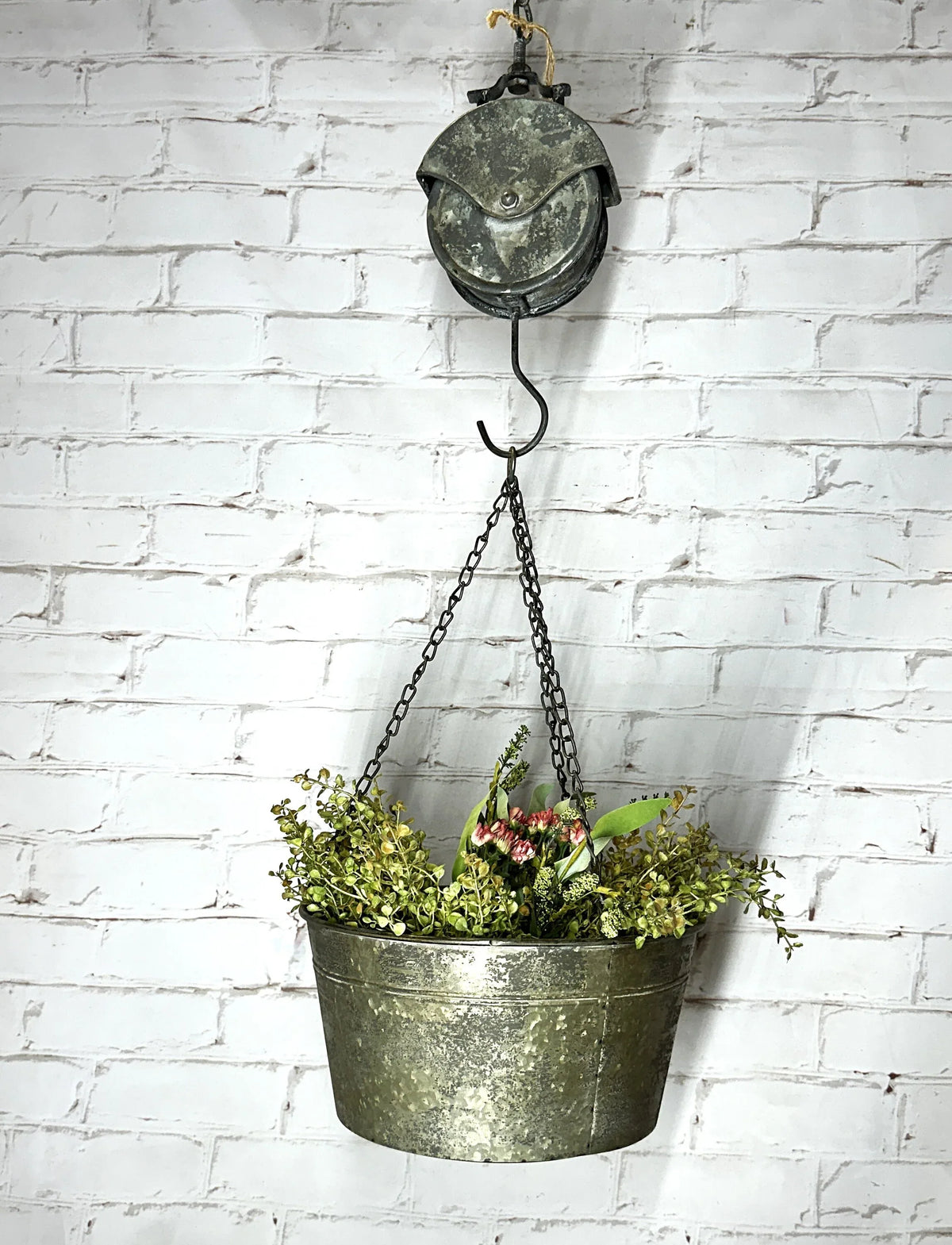 49"t Old Pail Pulley Planter - Outdoor Patio Decor - Metal Flower Bucket or Ivy Basket Container - Rustic Home Farmhouse - Old West Iron