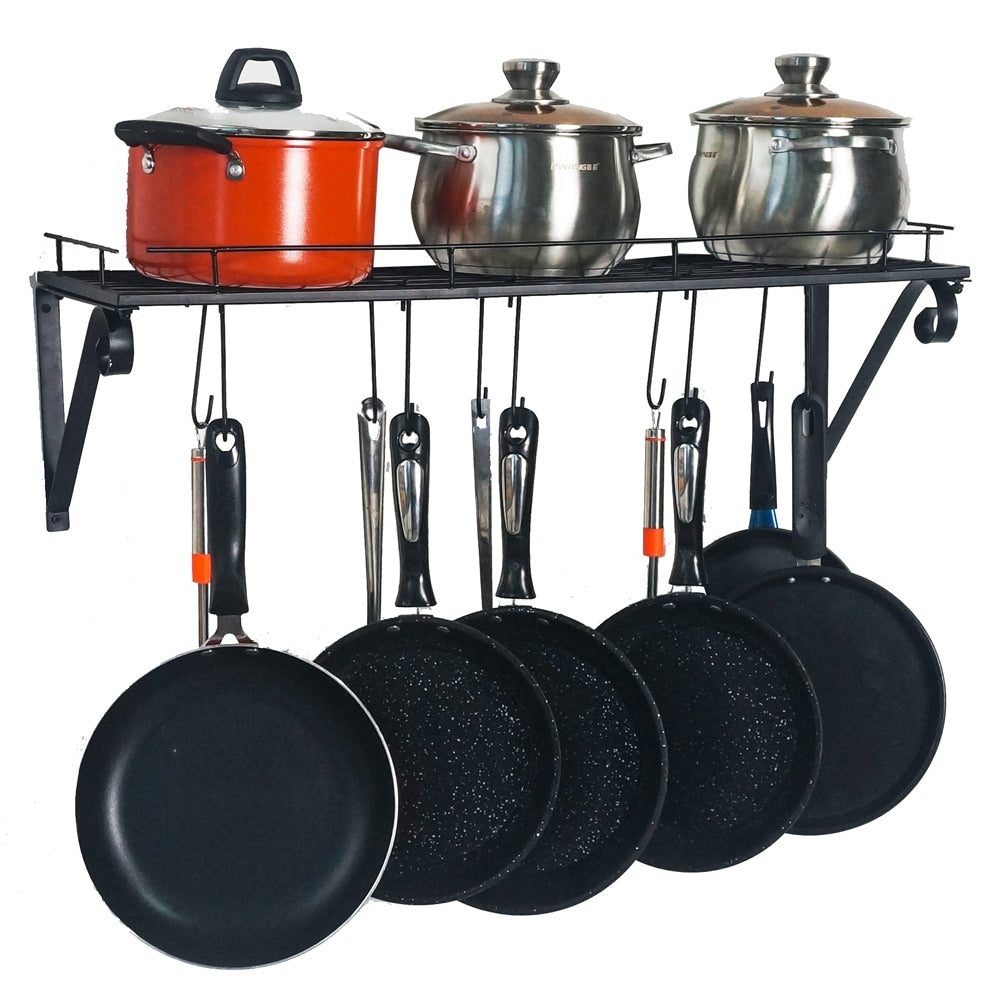 Wall Mounted Pots and Pans Rack with 10 Hooks Kitchen Accessory
