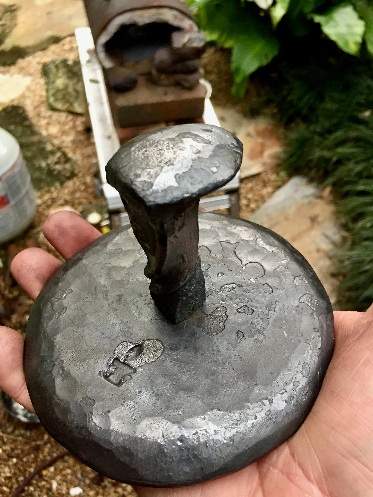 Railroad spike hamburger press - Old West Iron