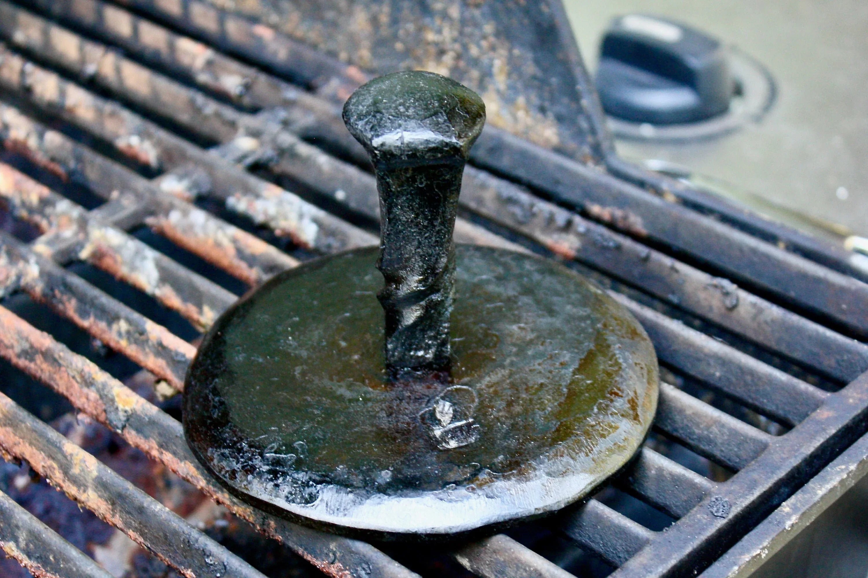 Railroad spike hamburger press - Old West Iron