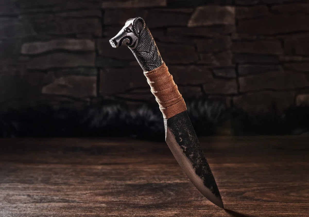 Hand Forged Boar's Head Viking Knife - Old West Iron
