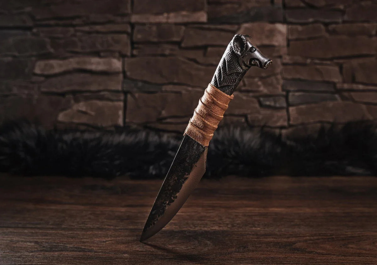 Hand Forged Boar's Head Viking Knife - Old West Iron